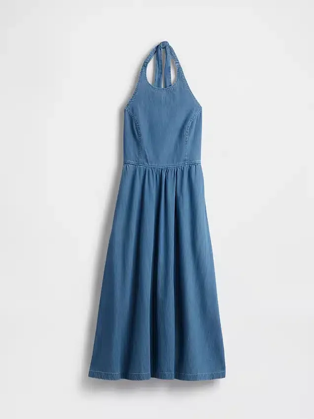 Vestido largo de mezclilla con cuello halter y lazo en la espalda