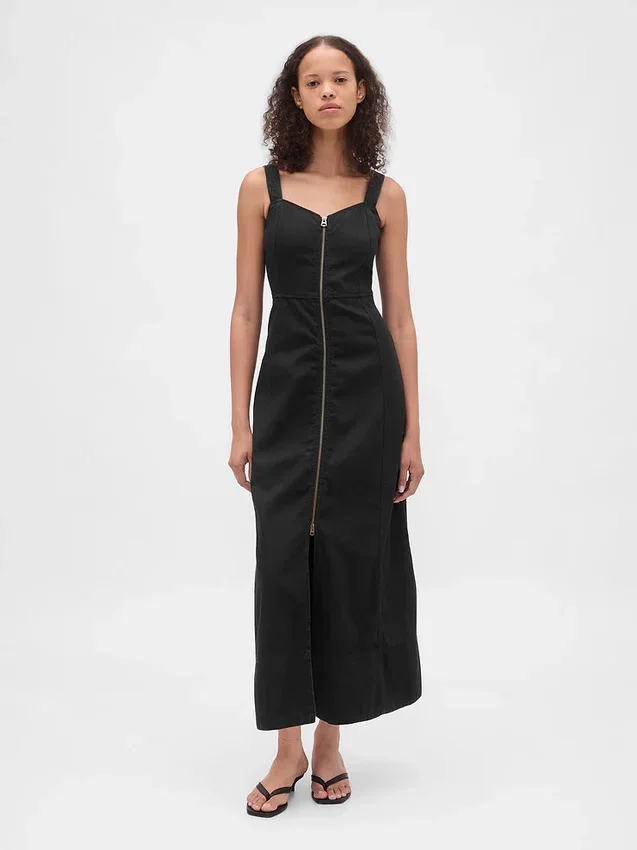 Vestido largo de mezclilla ultrasuave con cremallera frontal