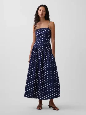 Vestido largo de popelín con cintura baja