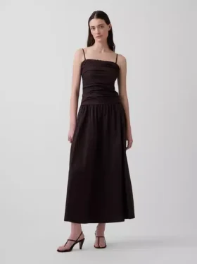 Vestido largo de popelín con cintura baja