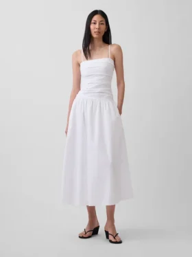 Vestido largo de popelín con cintura baja