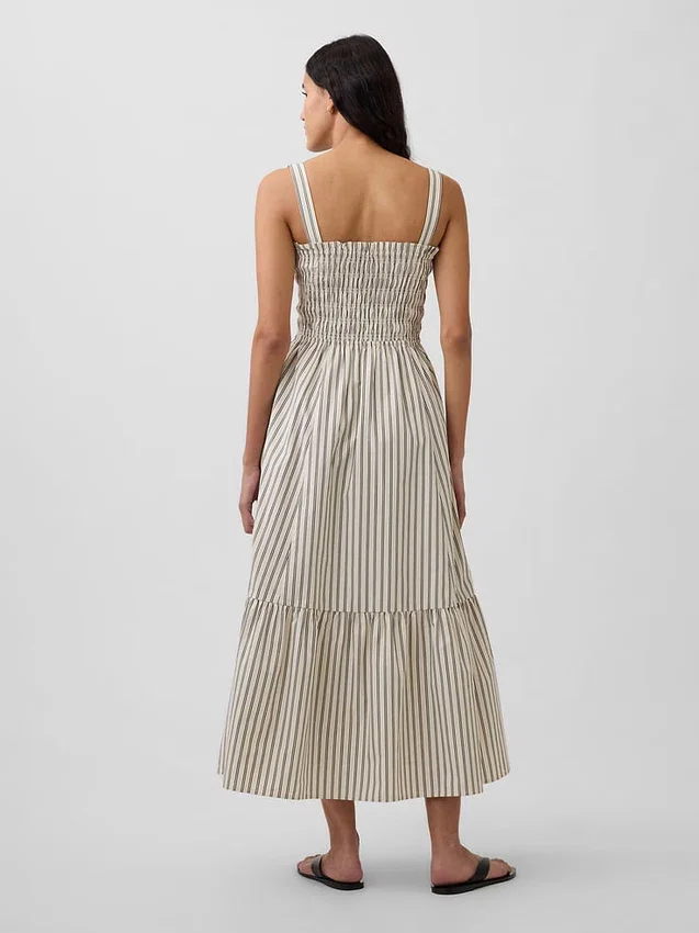 Vestido largo de popelín con corpiño fruncido