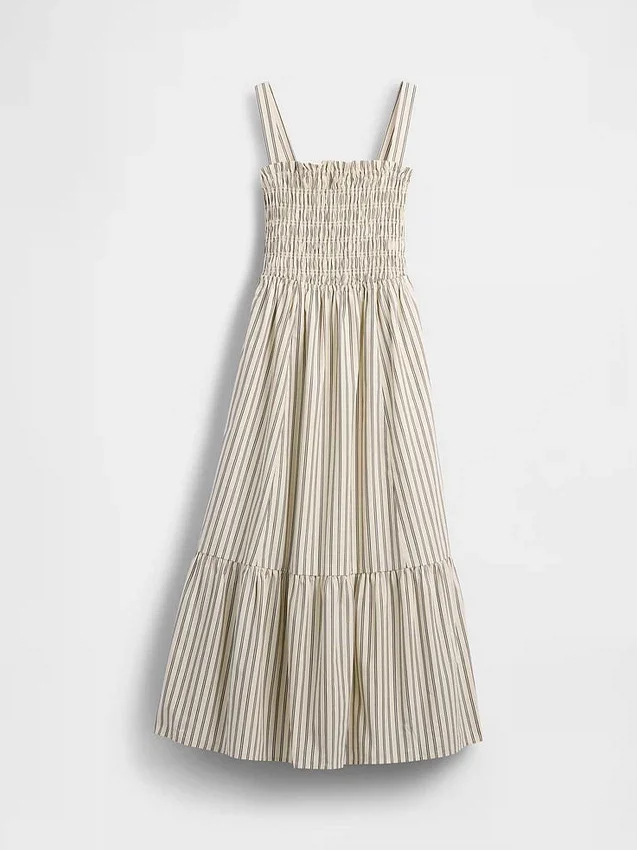 Vestido largo de popelín con corpiño fruncido
