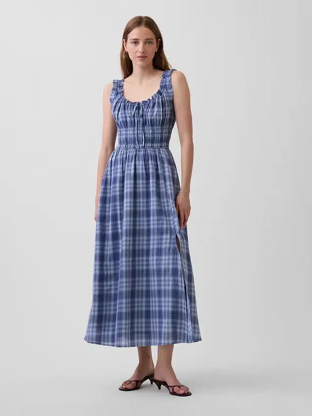 Vestido largo de voile a cuadros con cintura fruncida