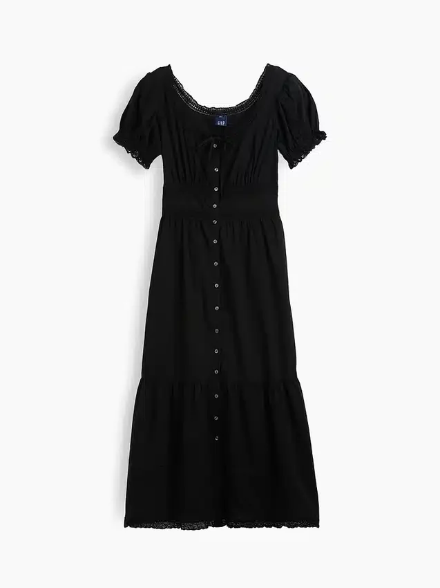 Vestido largo en capas con cuello redondo y ribete de encaje