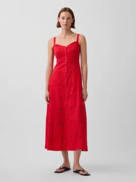 Vestido largo tipo camisola bordado de mezcla de lino