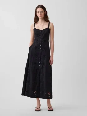 Vestido largo tipo camisola bordado de mezcla de lino
