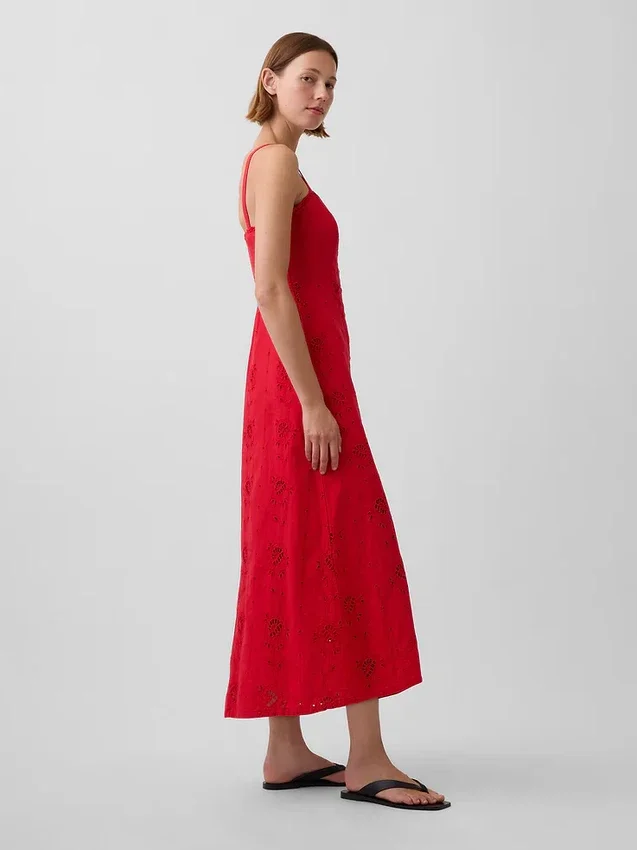 Vestido largo tipo camisola bordado de mezcla de lino