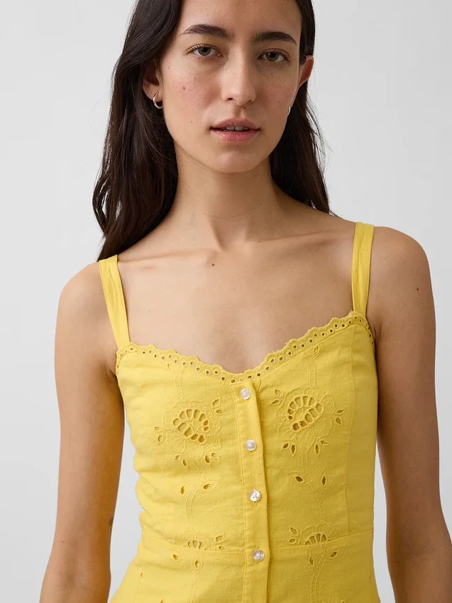Vestido largo tipo camisola bordado de mezcla de lino