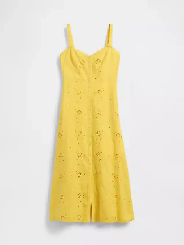 Vestido largo tipo camisola bordado de mezcla de lino