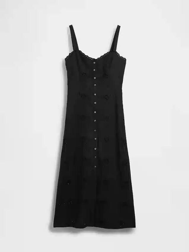 Vestido largo tipo camisola bordado de mezcla de lino