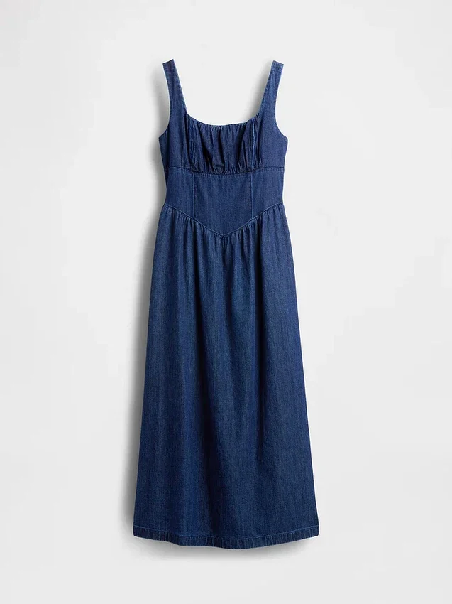 Vestido midi de mezclilla con cintura baja tipo corsé