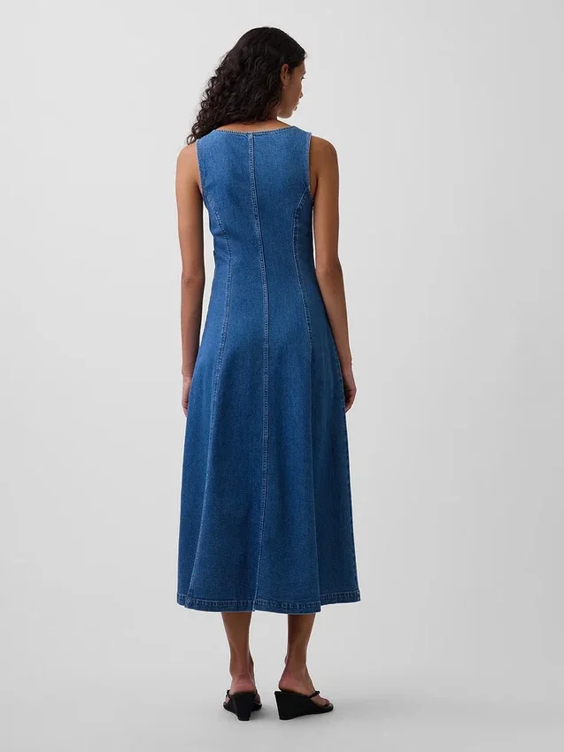 Vestido midi de mezclilla con costuras y cierre de cremallera frontal