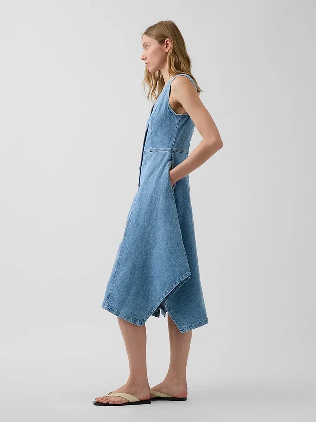 Vestido midi de mezclilla con dobladillo en forma de pañuelo