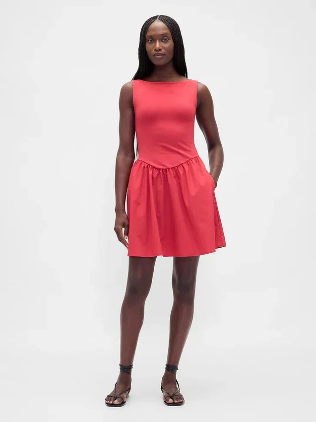 Vestido mini de cintura baja en mezcla de telas